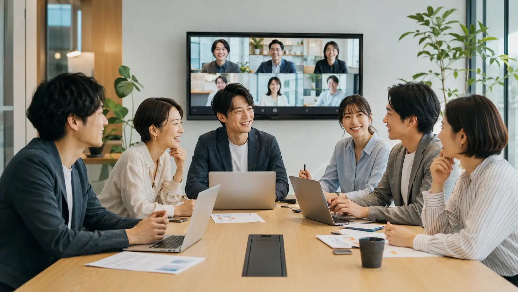 Japanese remote technology team collaborating in a modern meeting room