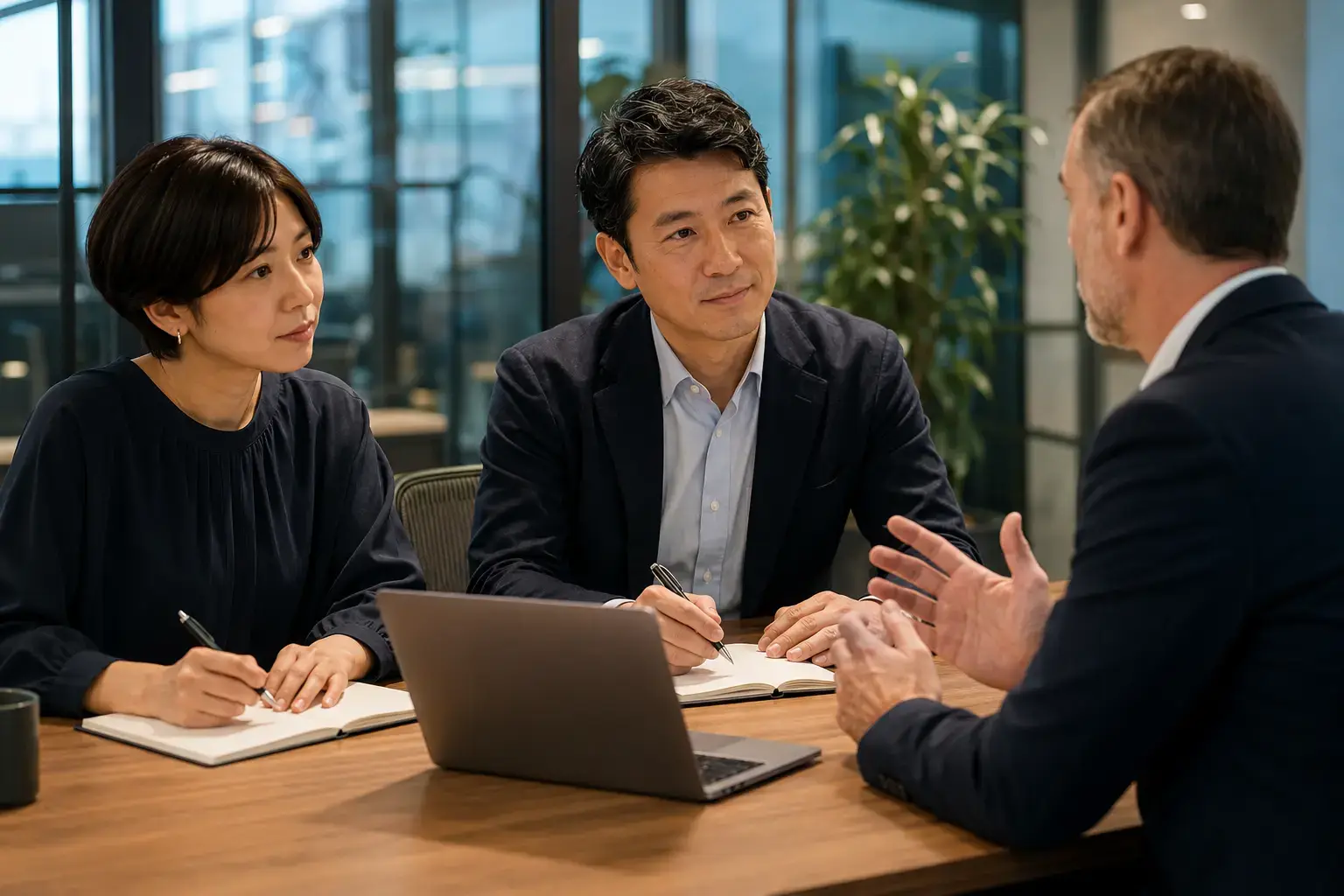 Technology consultants listening to a client during a discovery meeting