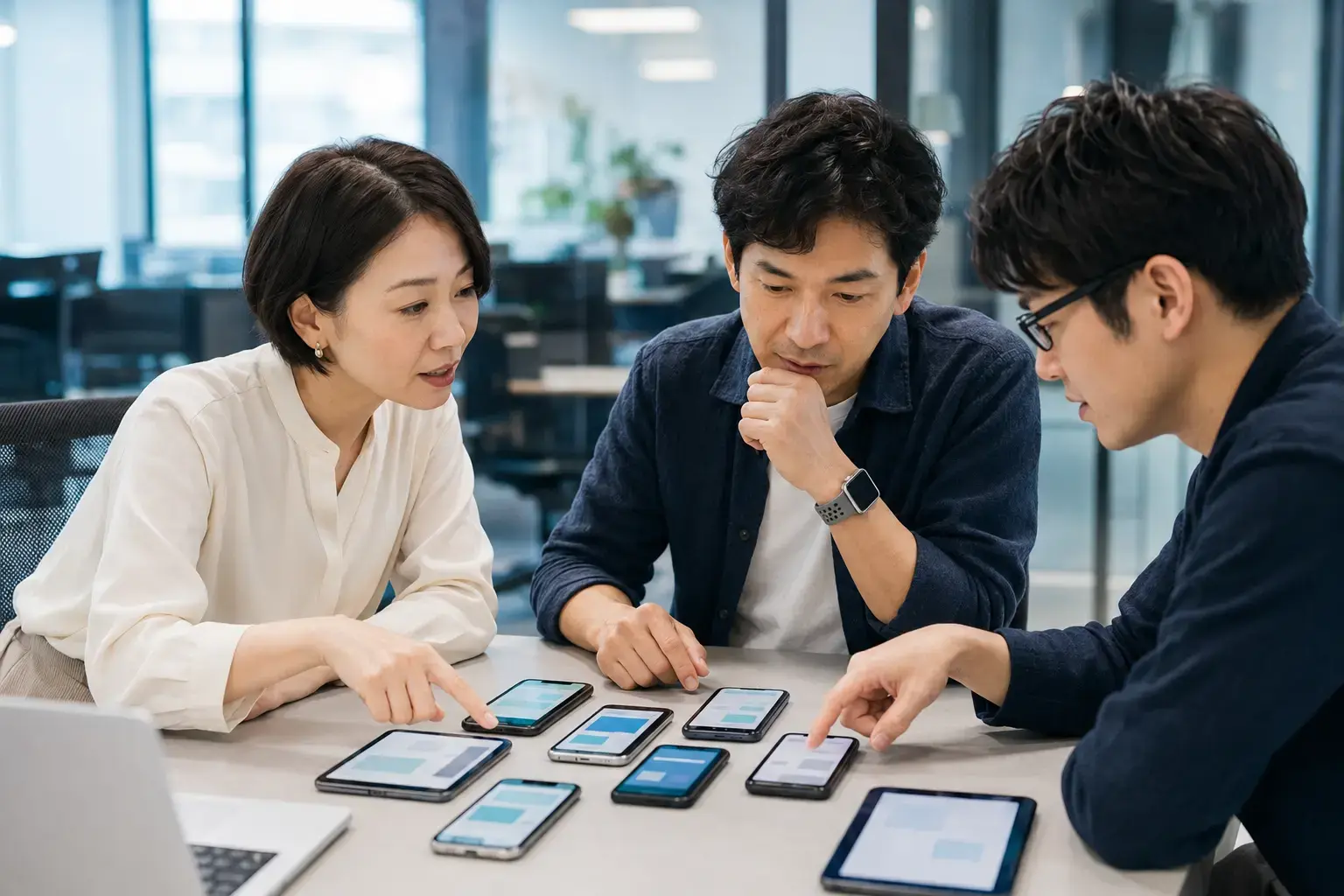 Product team testing a mobile application on several devices