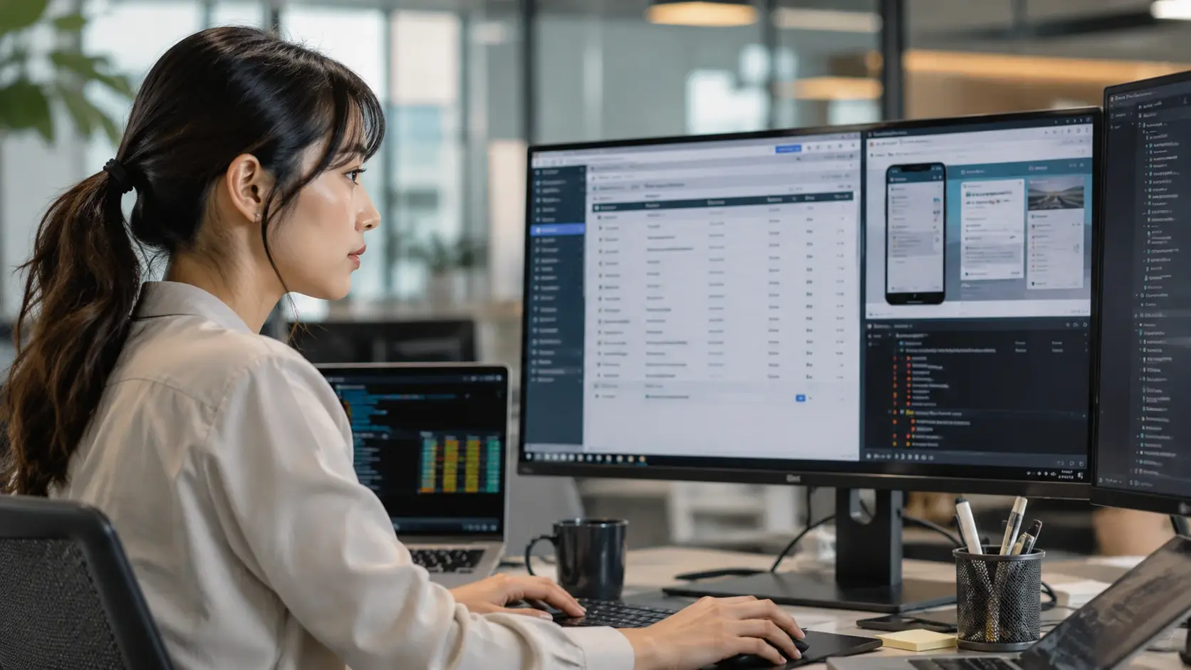 Japanese QA engineer testing a web application on multiple screens